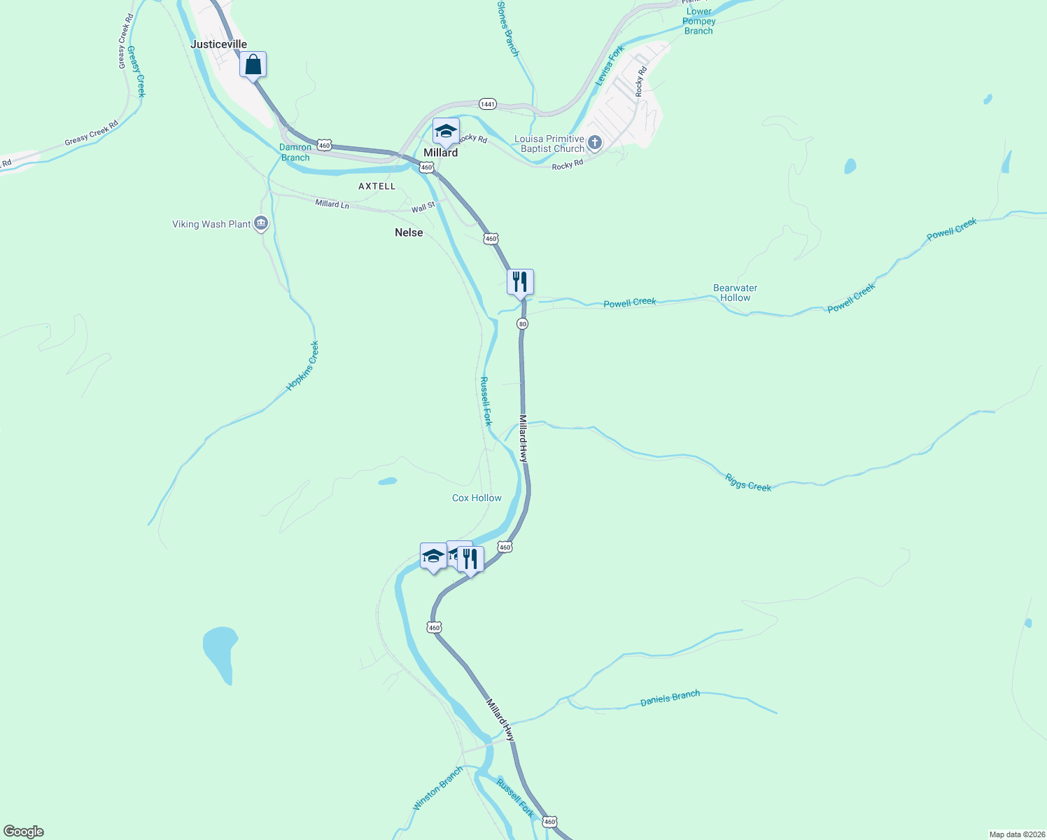 map of restaurants, bars, coffee shops, grocery stores, and more near 7318 Millard Hwy in Pikeville