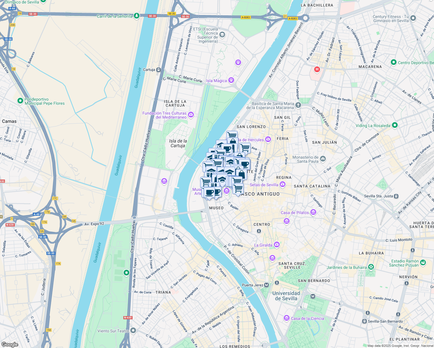 map of restaurants, bars, coffee shops, grocery stores, and more near 31 Calle Goles in Sevilla