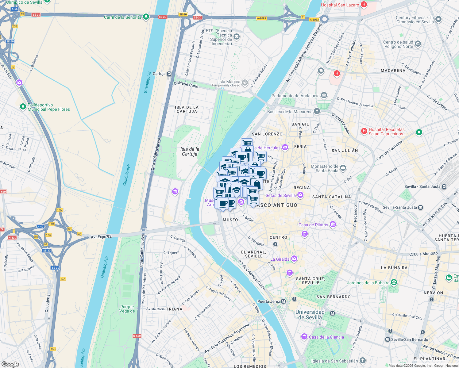 map of restaurants, bars, coffee shops, grocery stores, and more near 26 Calle Dársena in Sevilla