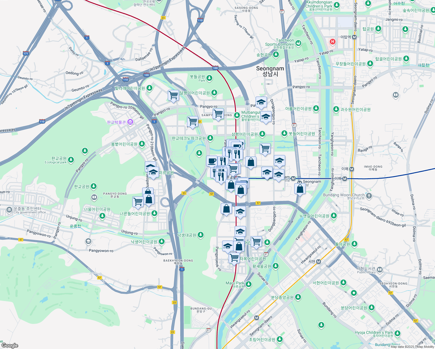 map of restaurants, bars, coffee shops, grocery stores, and more near in Seongnam-si