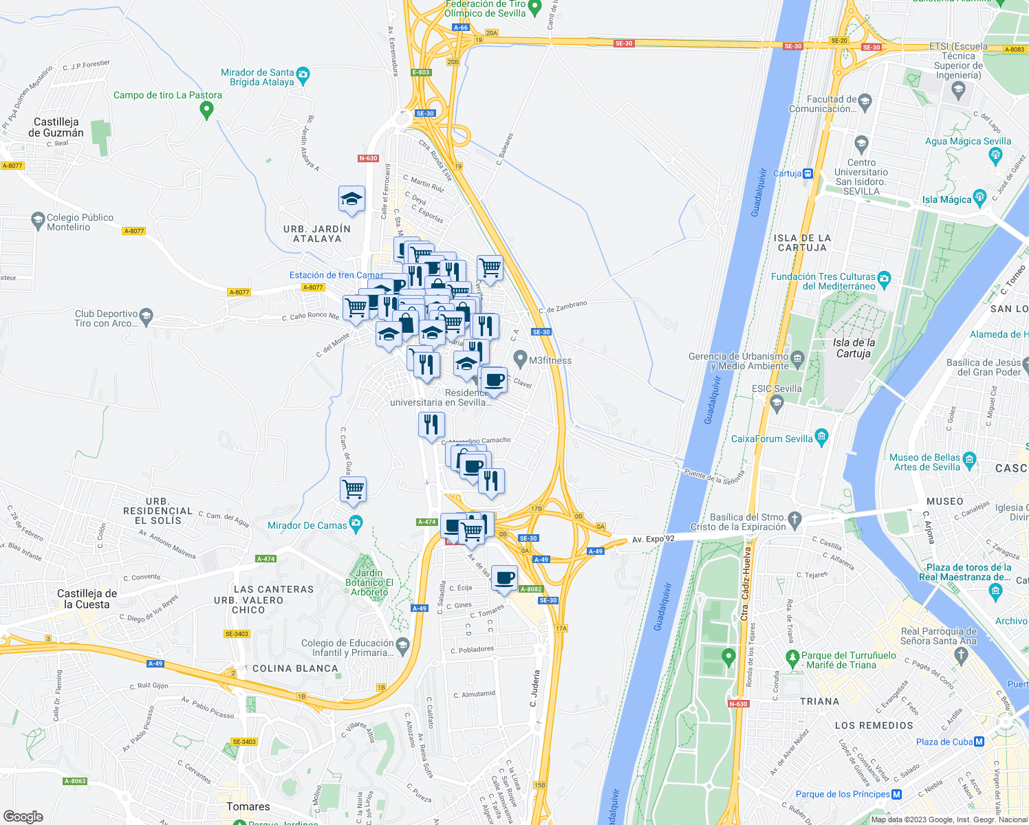 map of restaurants, bars, coffee shops, grocery stores, and more near 14 Avenida Clara Campoamor in Camas