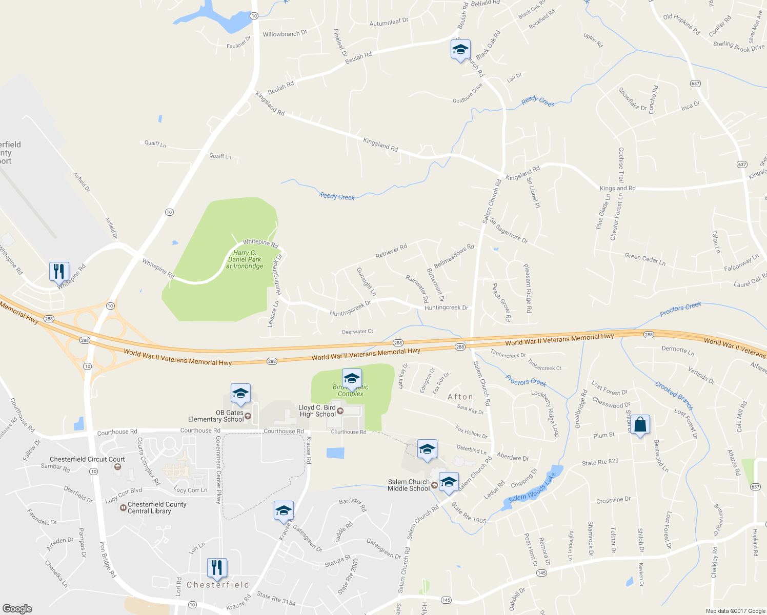 map of restaurants, bars, coffee shops, grocery stores, and more near 8907 Huntingcreek Place in Richmond