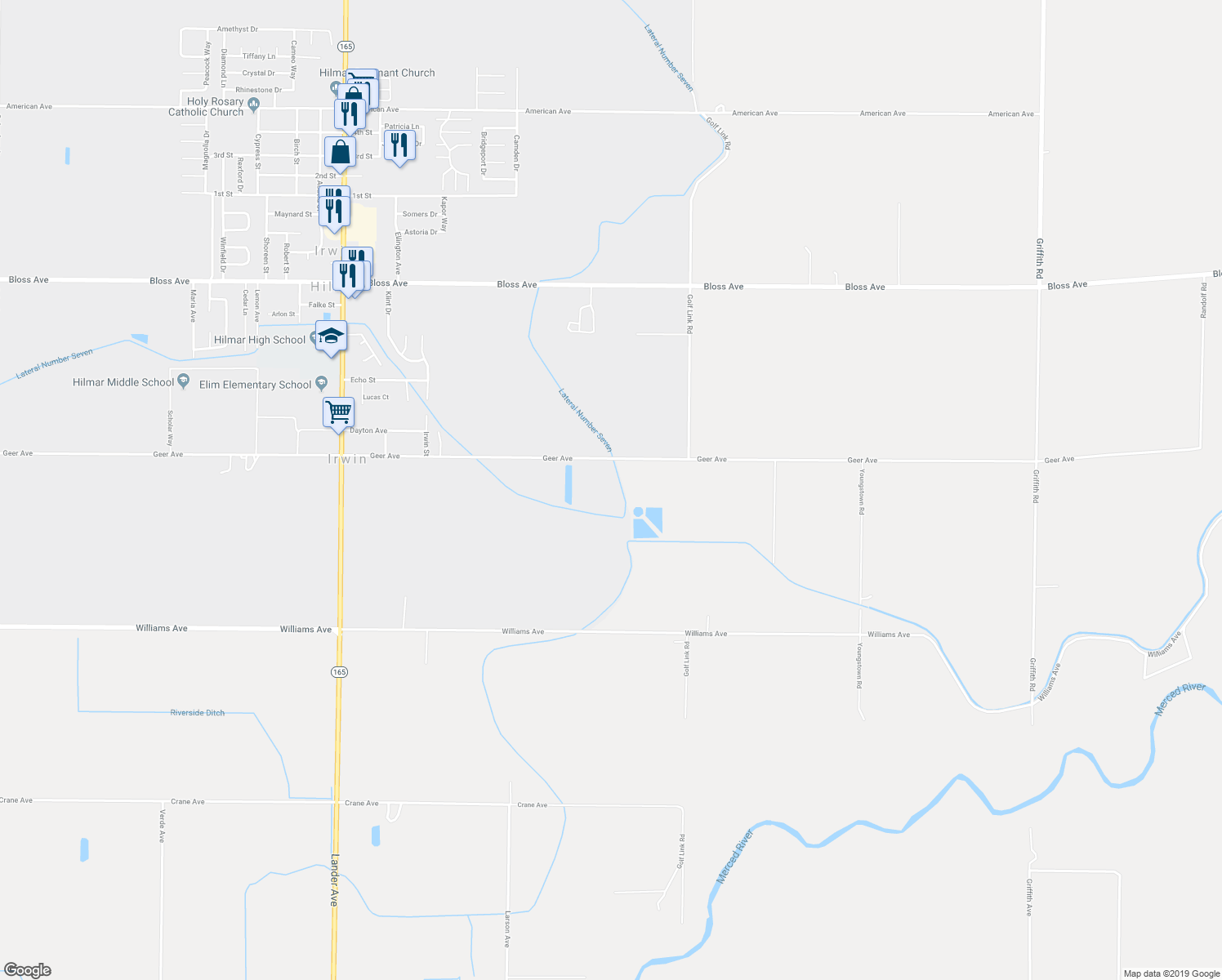 map of restaurants, bars, coffee shops, grocery stores, and more near 19239 Geer Avenue in Hilmar