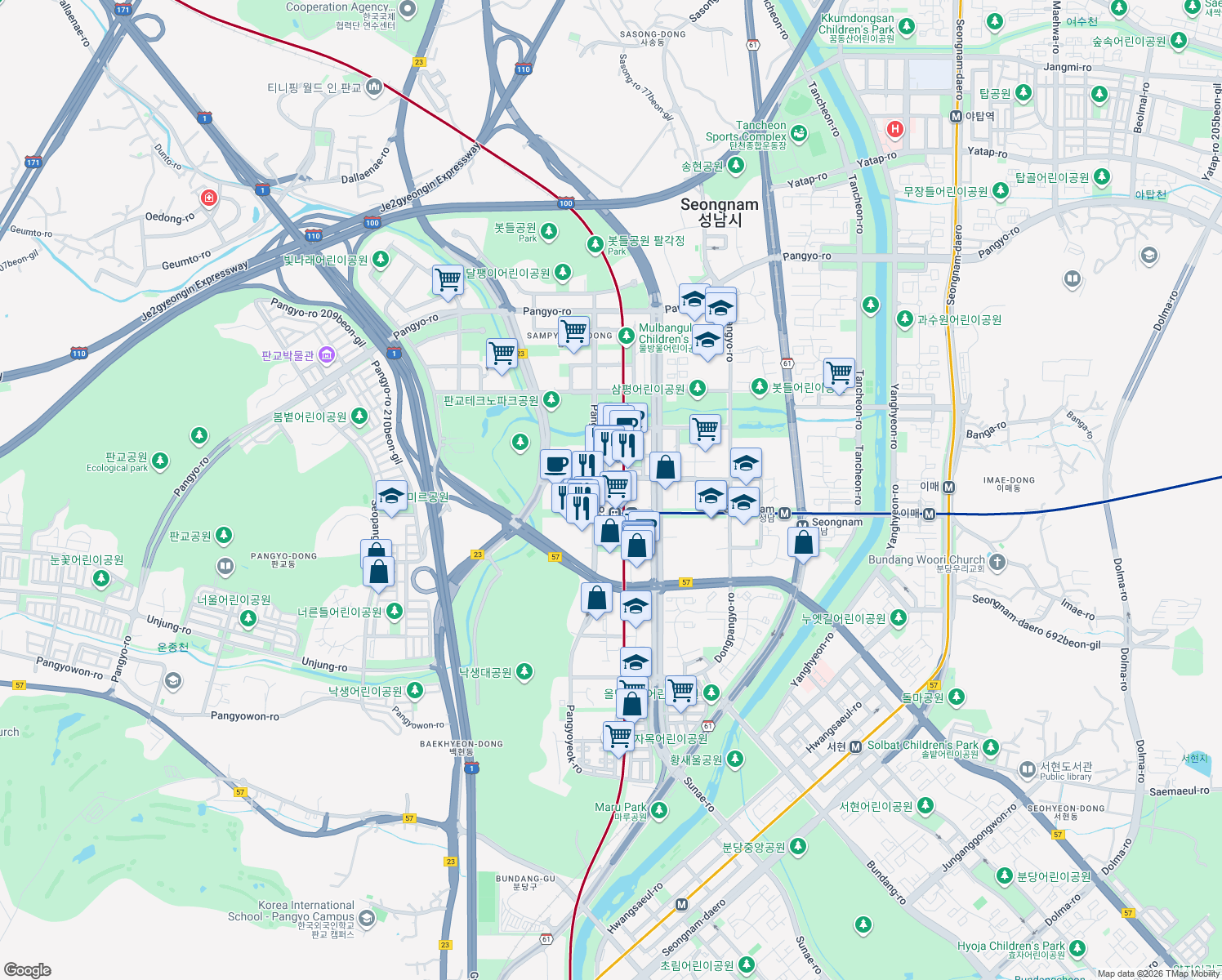 map of restaurants, bars, coffee shops, grocery stores, and more near in Seongnam-si