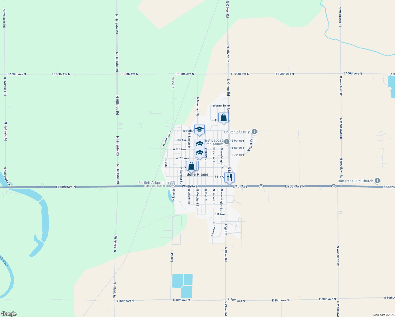 map of restaurants, bars, coffee shops, grocery stores, and more near 698 North Merchant Street in Belle Plaine