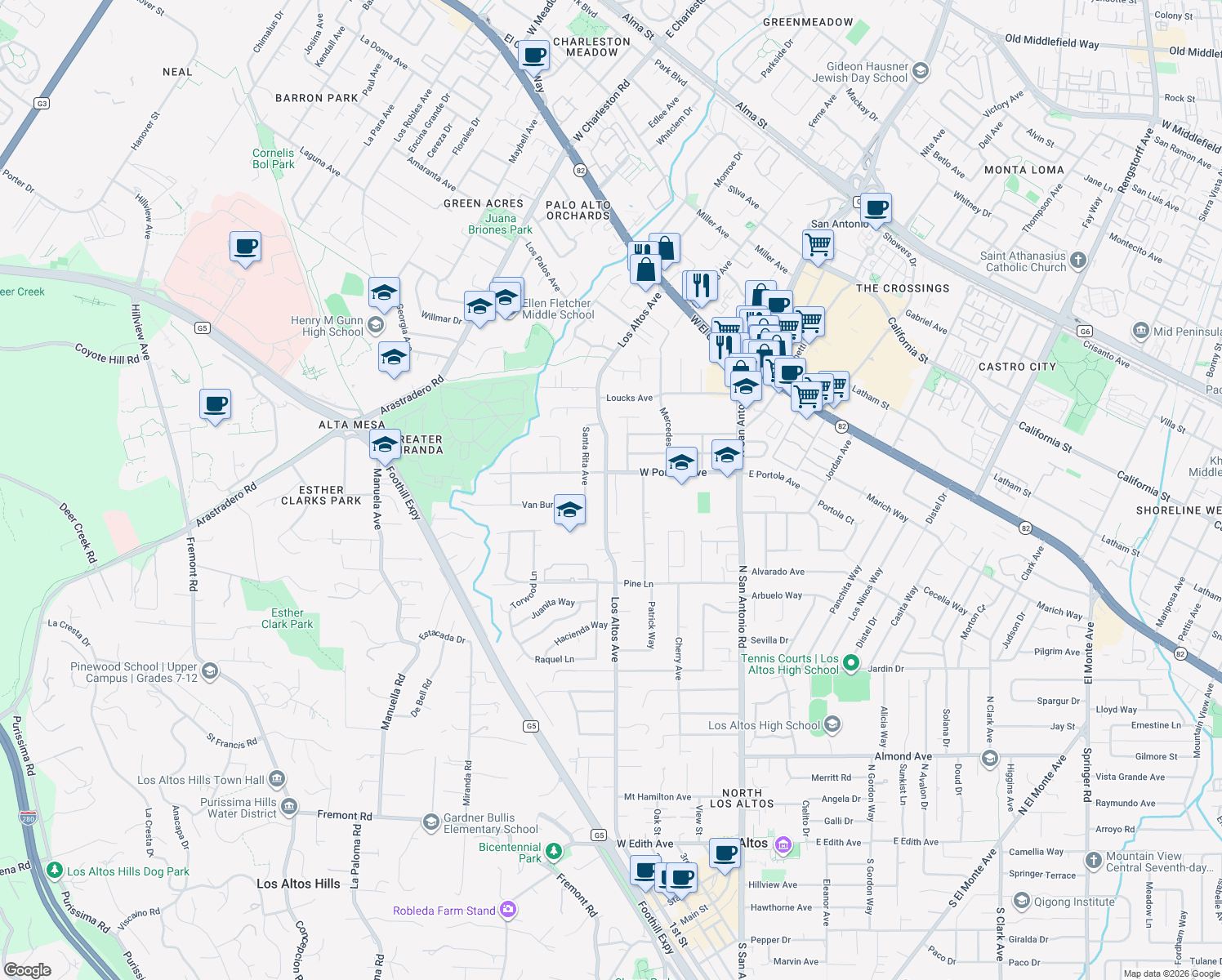 map of restaurants, bars, coffee shops, grocery stores, and more near 777 Los Altos Avenue in Los Altos