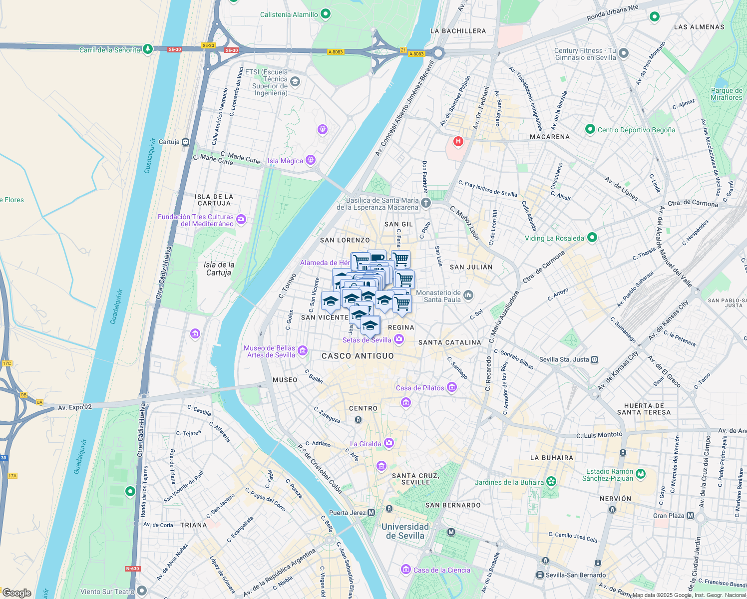 map of restaurants, bars, coffee shops, grocery stores, and more near 44 Calle Amor de Dios in Sevilla
