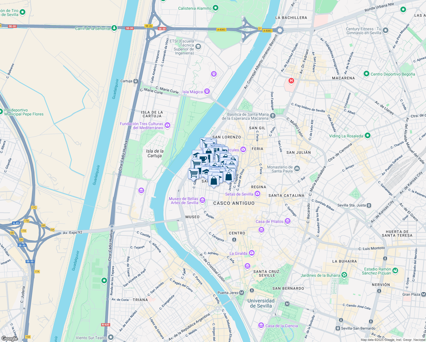 map of restaurants, bars, coffee shops, grocery stores, and more near 52 Calle Miguel Cid in Sevilla
