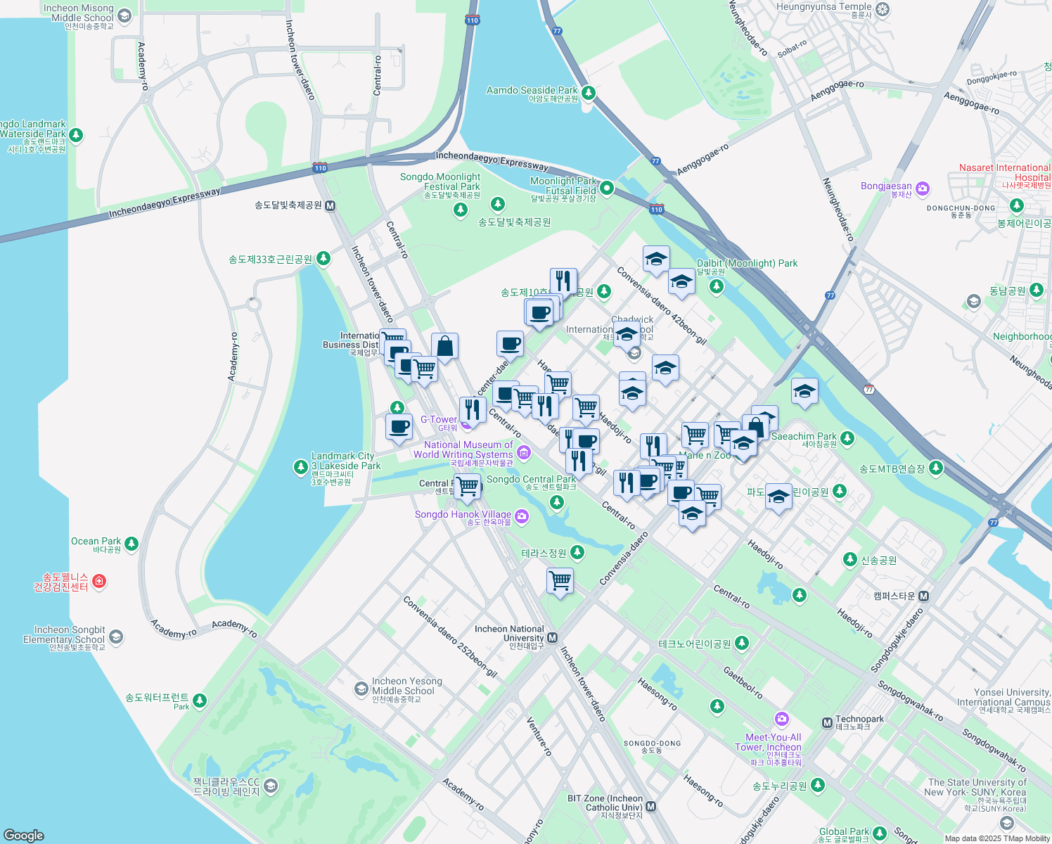 map of restaurants, bars, coffee shops, grocery stores, and more near in Incheon