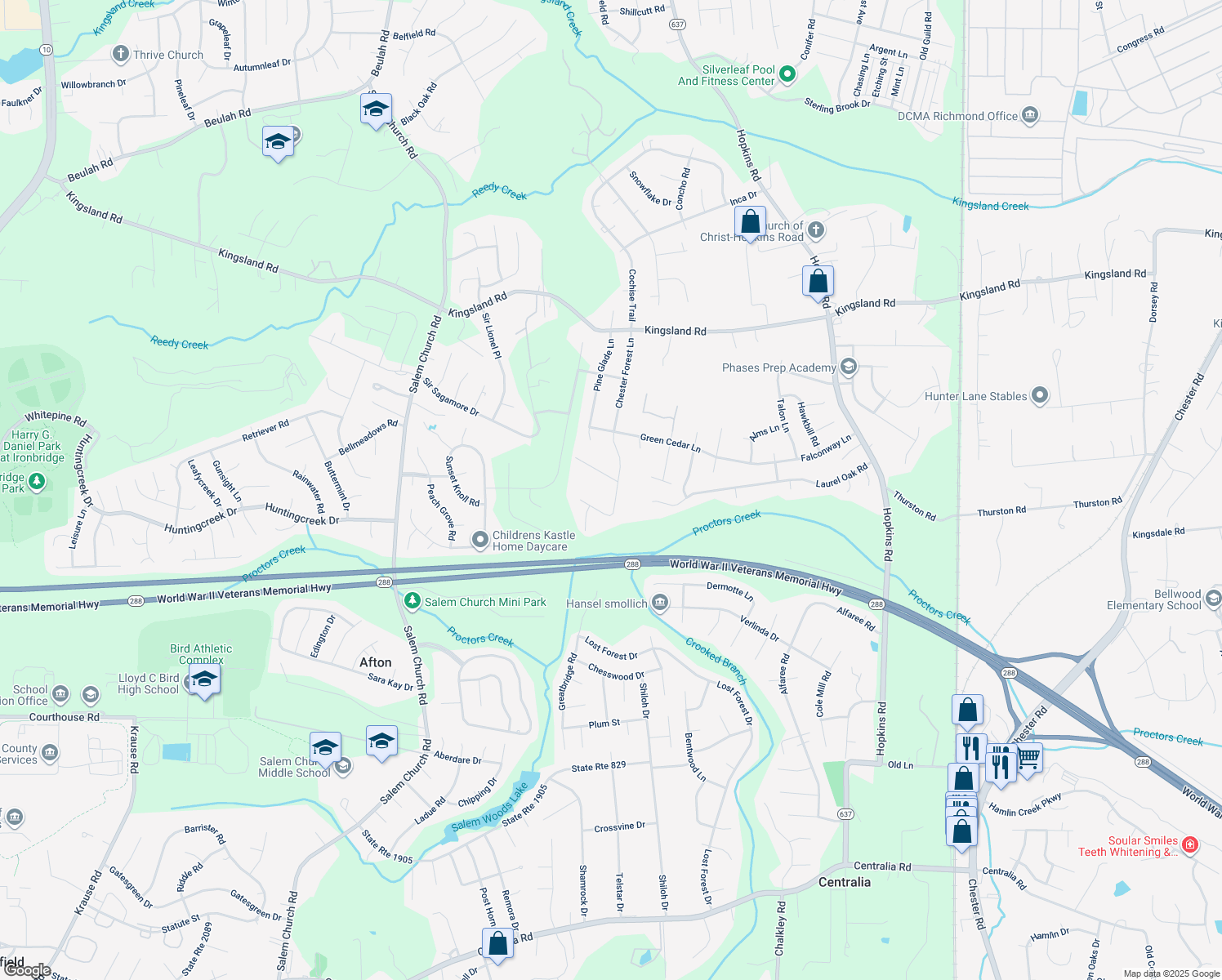 map of restaurants, bars, coffee shops, grocery stores, and more near 4501 Sourwood Lane in Richmond