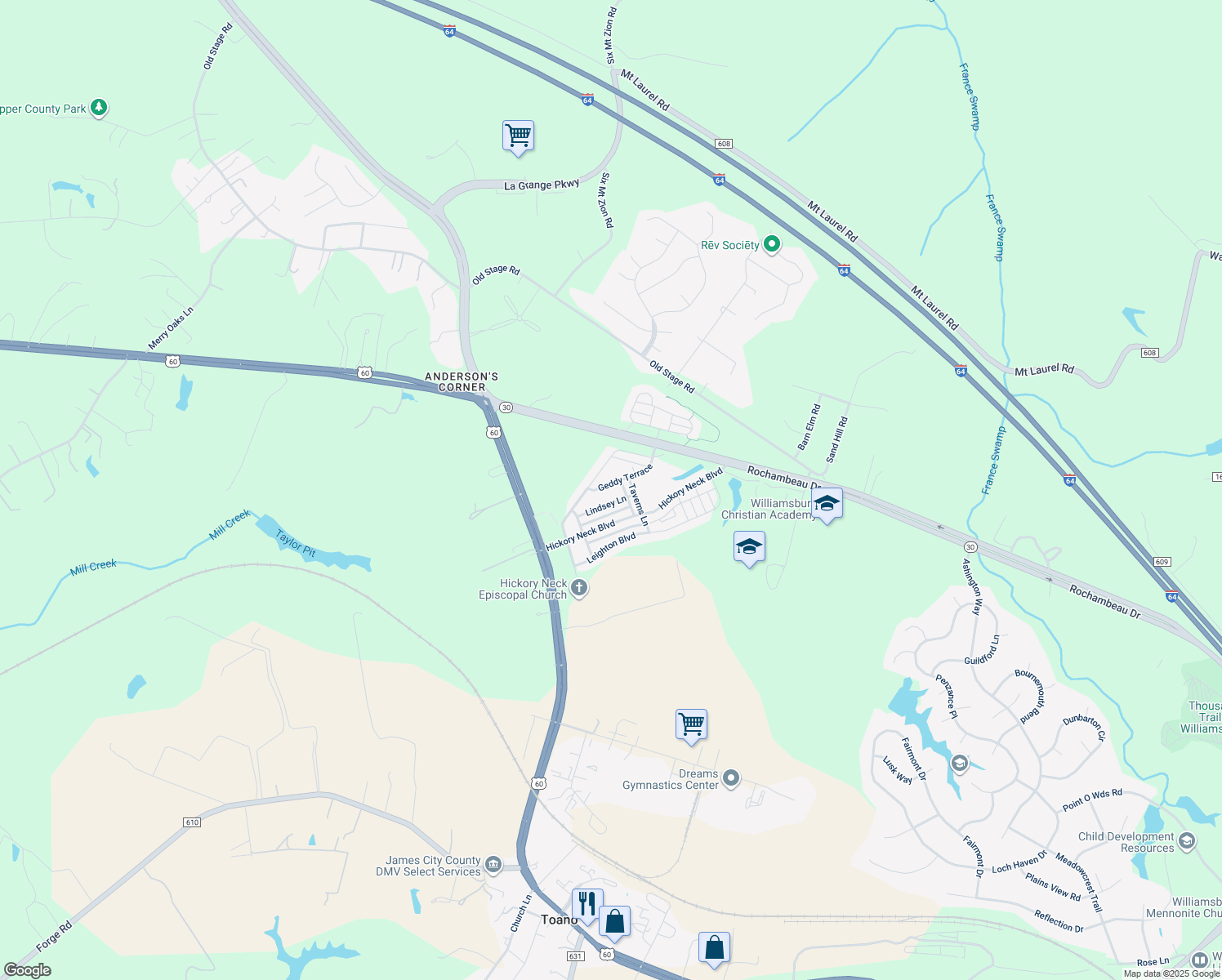 map of restaurants, bars, coffee shops, grocery stores, and more near 3324 Geddy Terrace in Toano