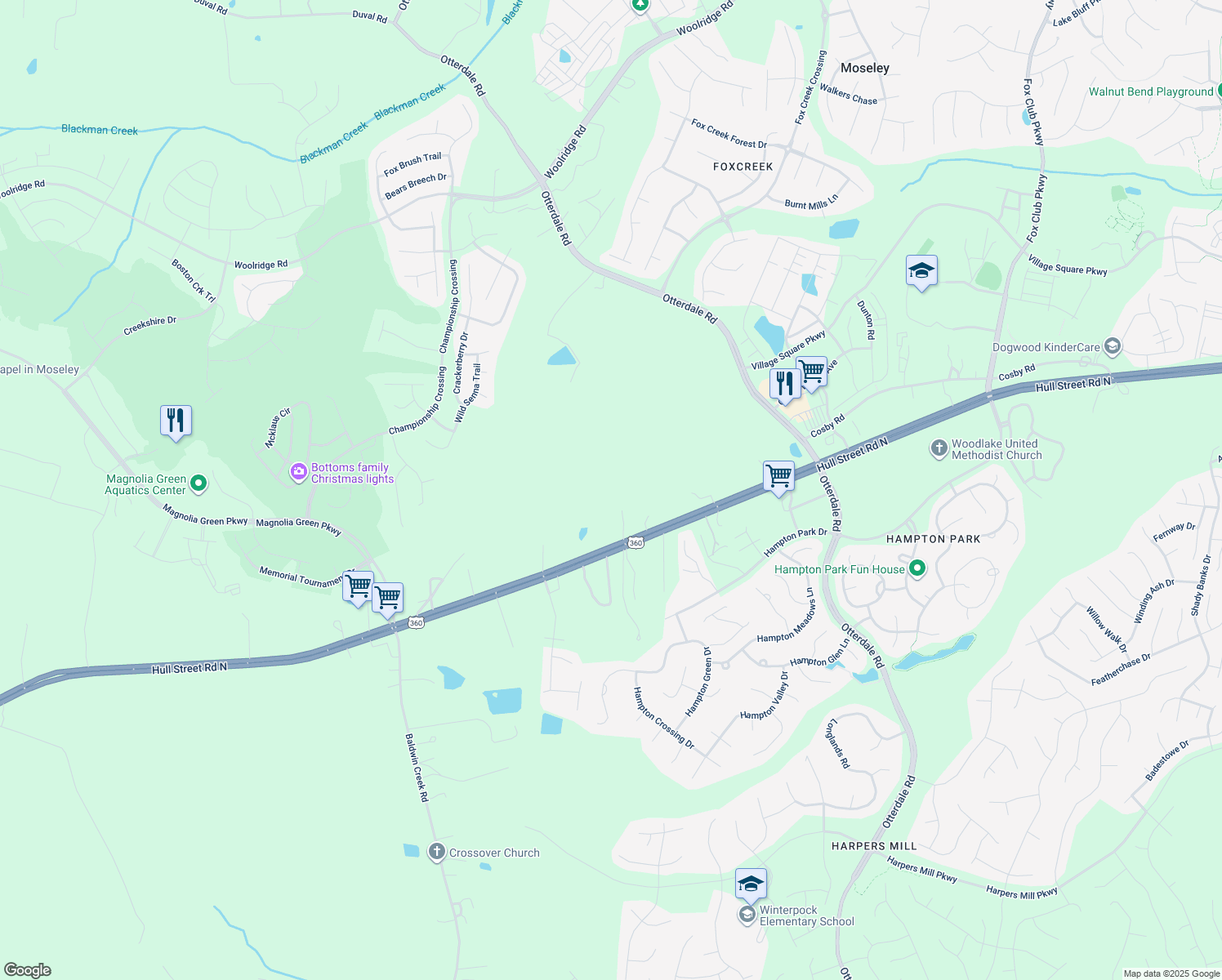 map of restaurants, bars, coffee shops, grocery stores, and more near 16600 Hull Street Road in Moseley