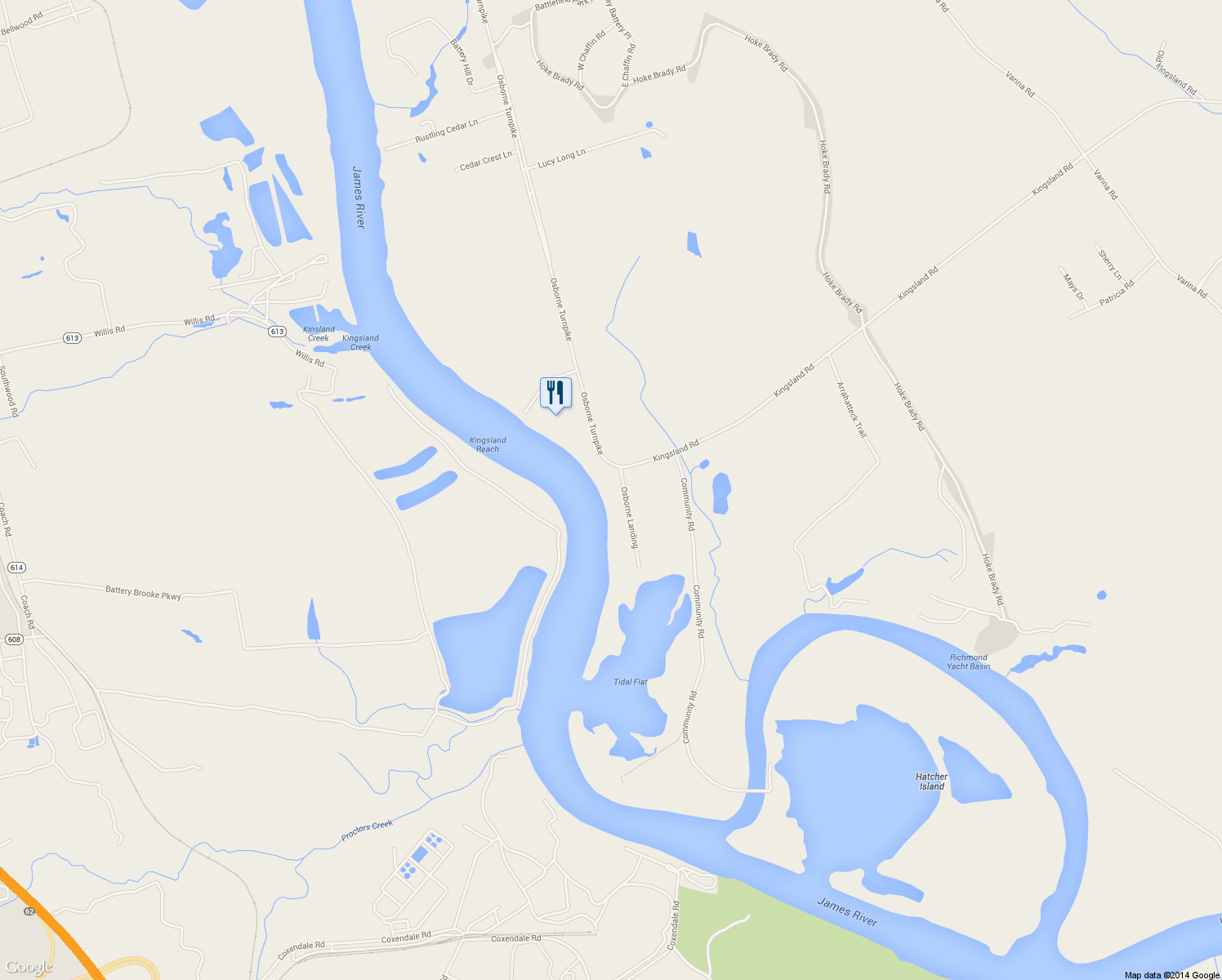 map of restaurants, bars, coffee shops, grocery stores, and more near 9740 Osborne Landing in Richmond