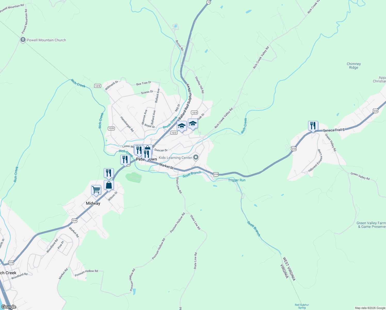 map of restaurants, bars, coffee shops, grocery stores, and more near 220 Thomas St in Peterstown