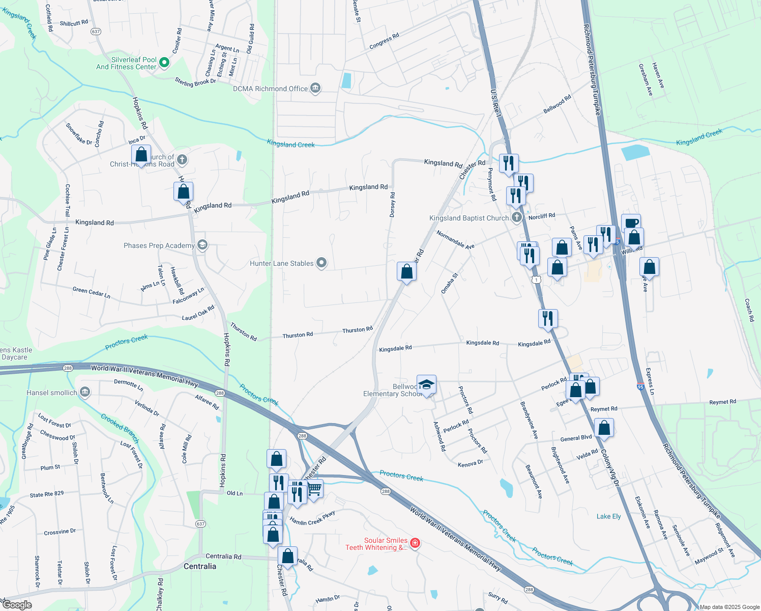 map of restaurants, bars, coffee shops, grocery stores, and more near 3411 Brinkley Road in Richmond