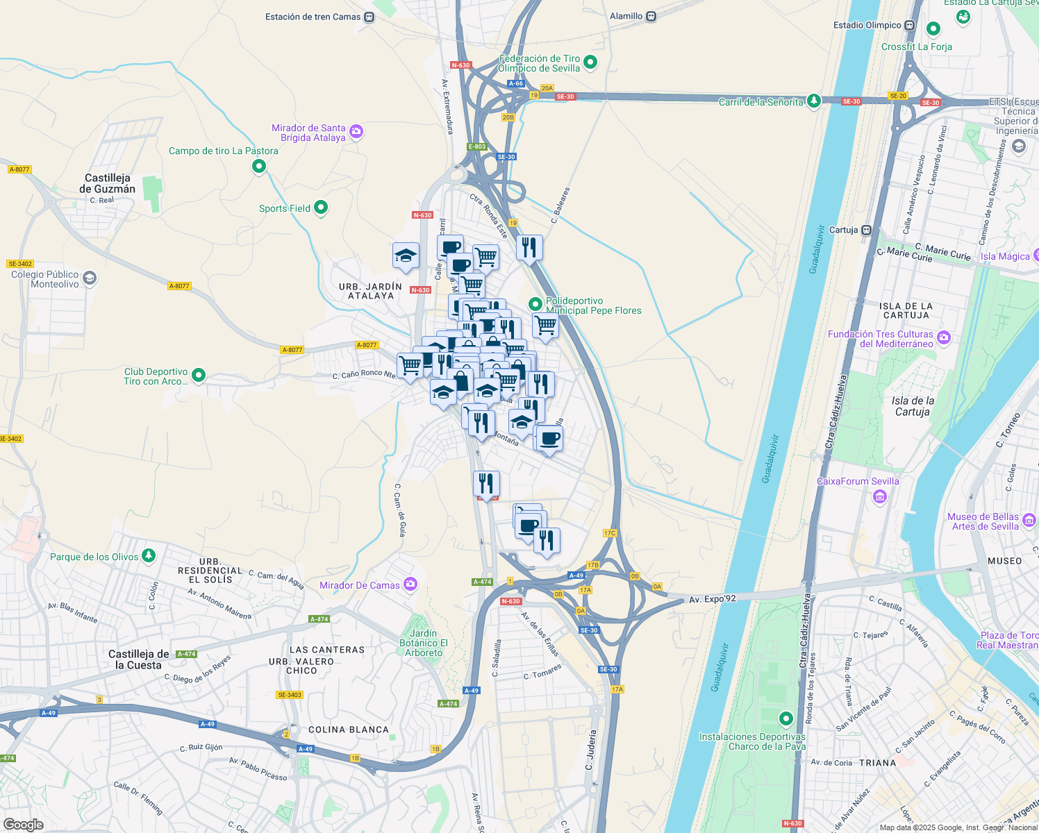 map of restaurants, bars, coffee shops, grocery stores, and more near 4A Calle Galicia in Camas