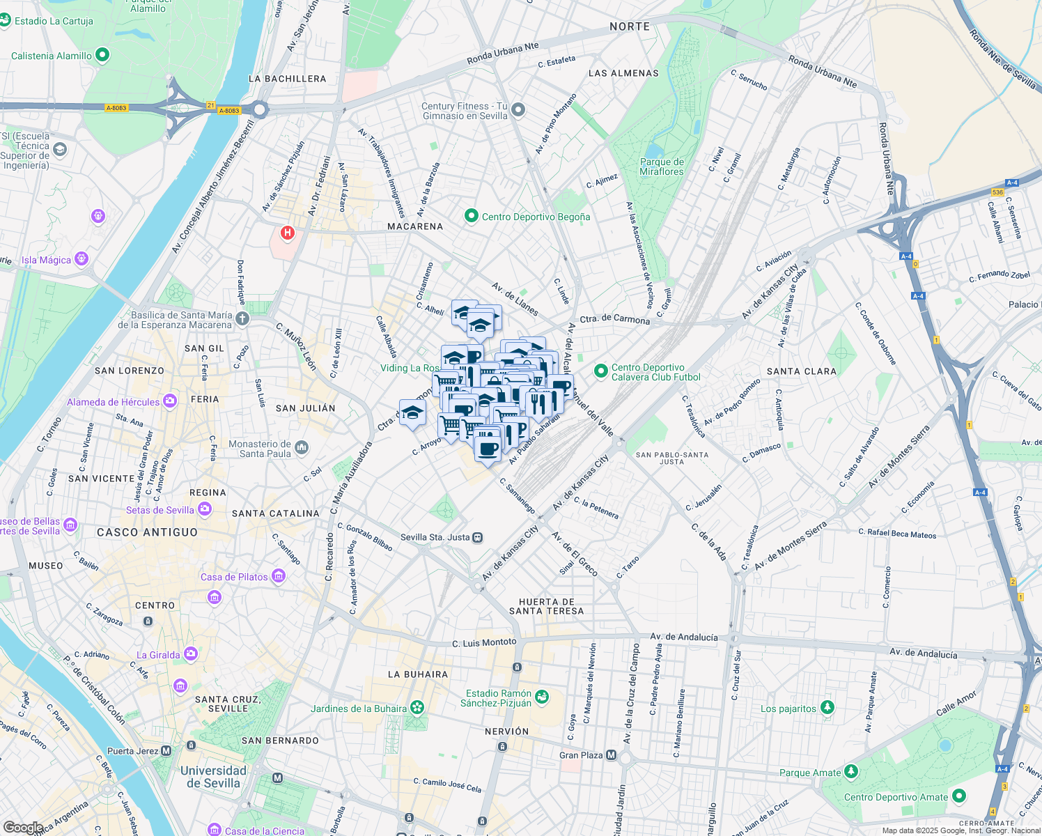 map of restaurants, bars, coffee shops, grocery stores, and more near 5 Calle Tartessos in Sevilla