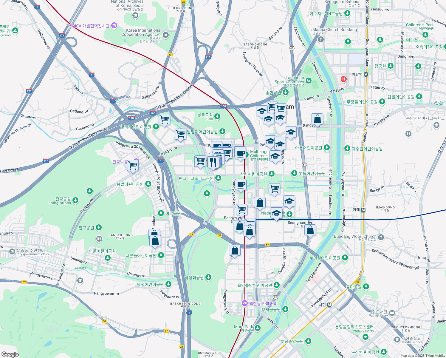 map of restaurants, bars, coffee shops, grocery stores, and more near in Seongnam-si
