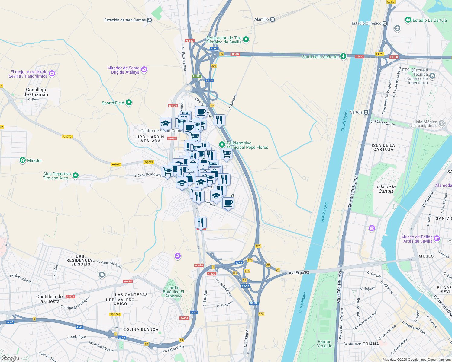 map of restaurants, bars, coffee shops, grocery stores, and more near 25 Calle Ribera in Camas