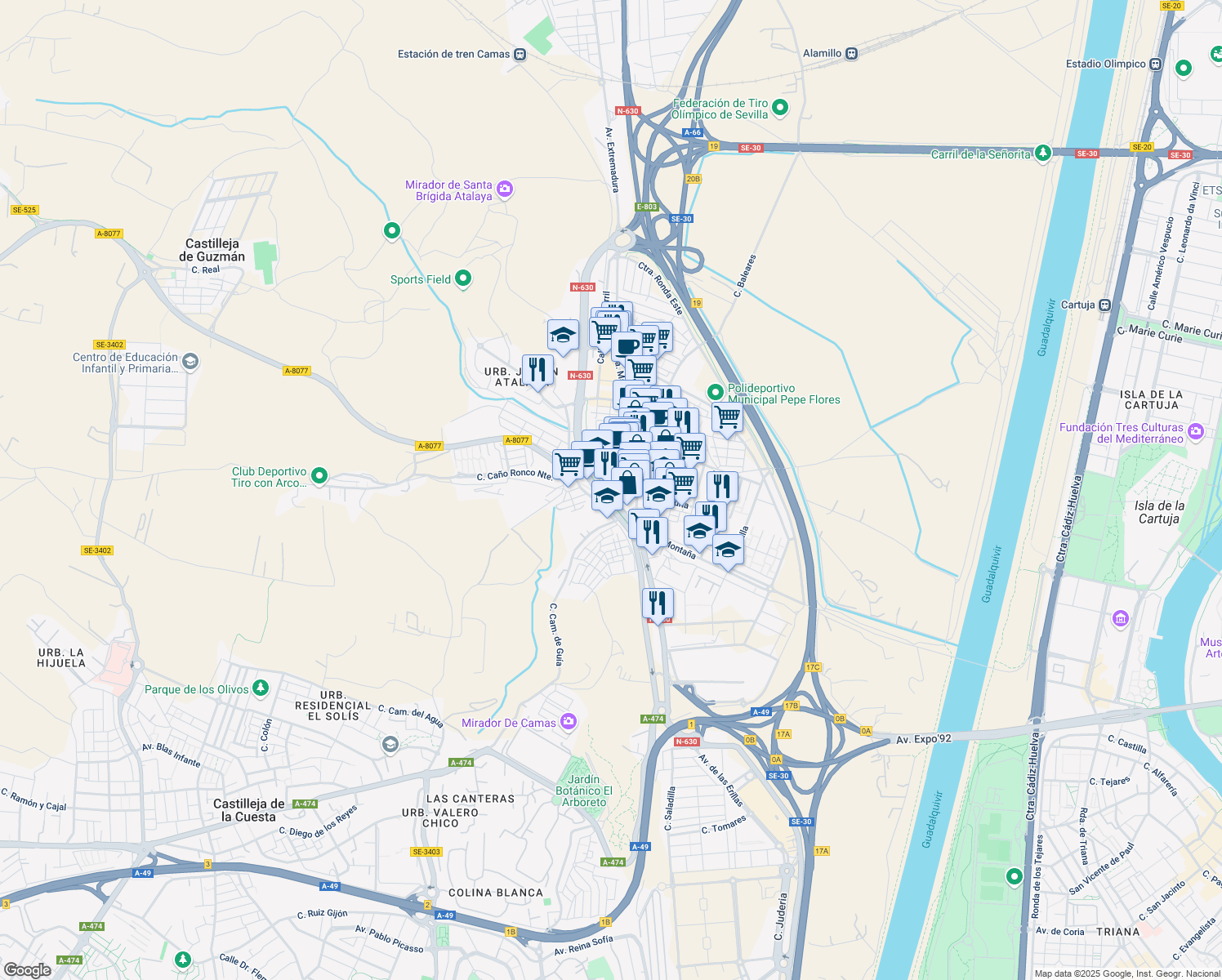 map of restaurants, bars, coffee shops, grocery stores, and more near 13 Calle Sevilla in Camas