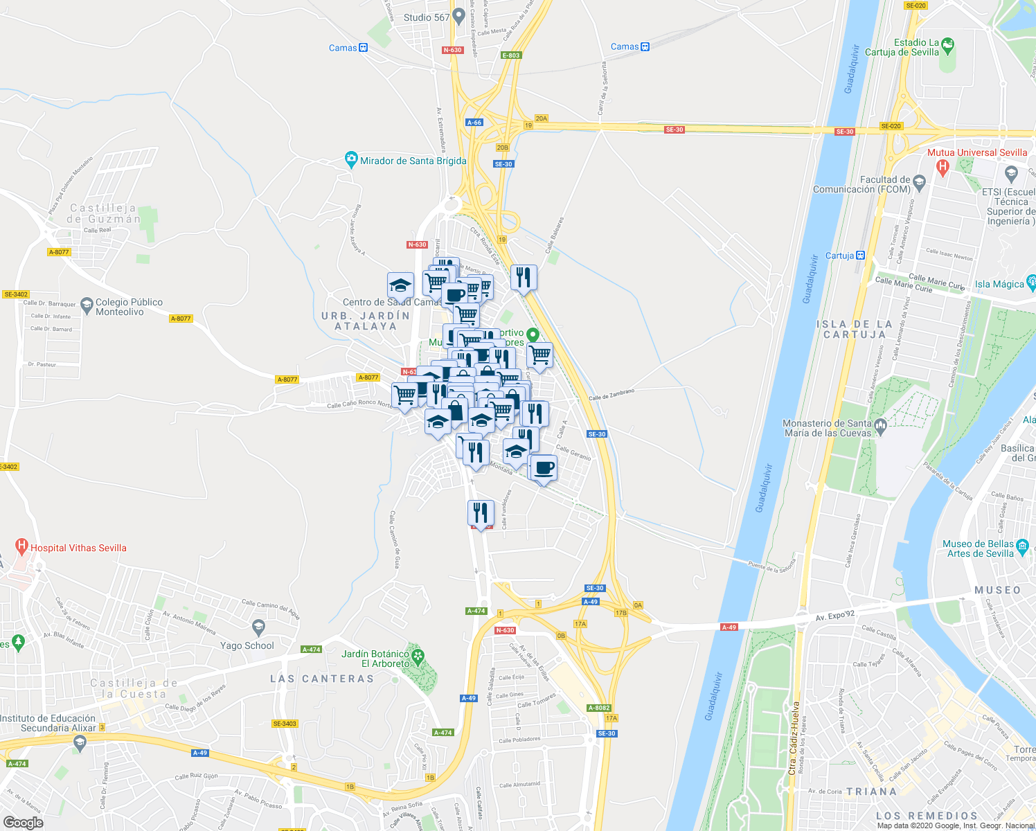map of restaurants, bars, coffee shops, grocery stores, and more near 5 Calle Badajoz in Camas
