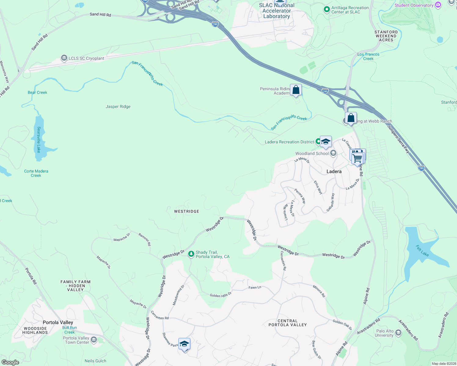 map of restaurants, bars, coffee shops, grocery stores, and more near 300 Escobar Road in Portola Valley