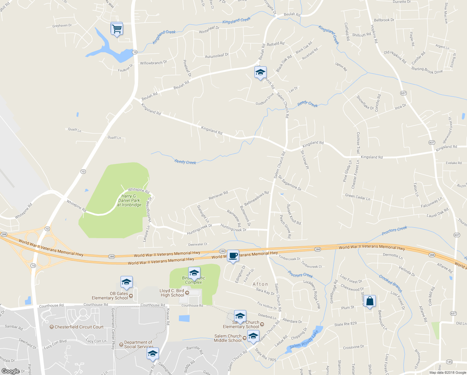 map of restaurants, bars, coffee shops, grocery stores, and more near 5542 Retriever Road in Richmond