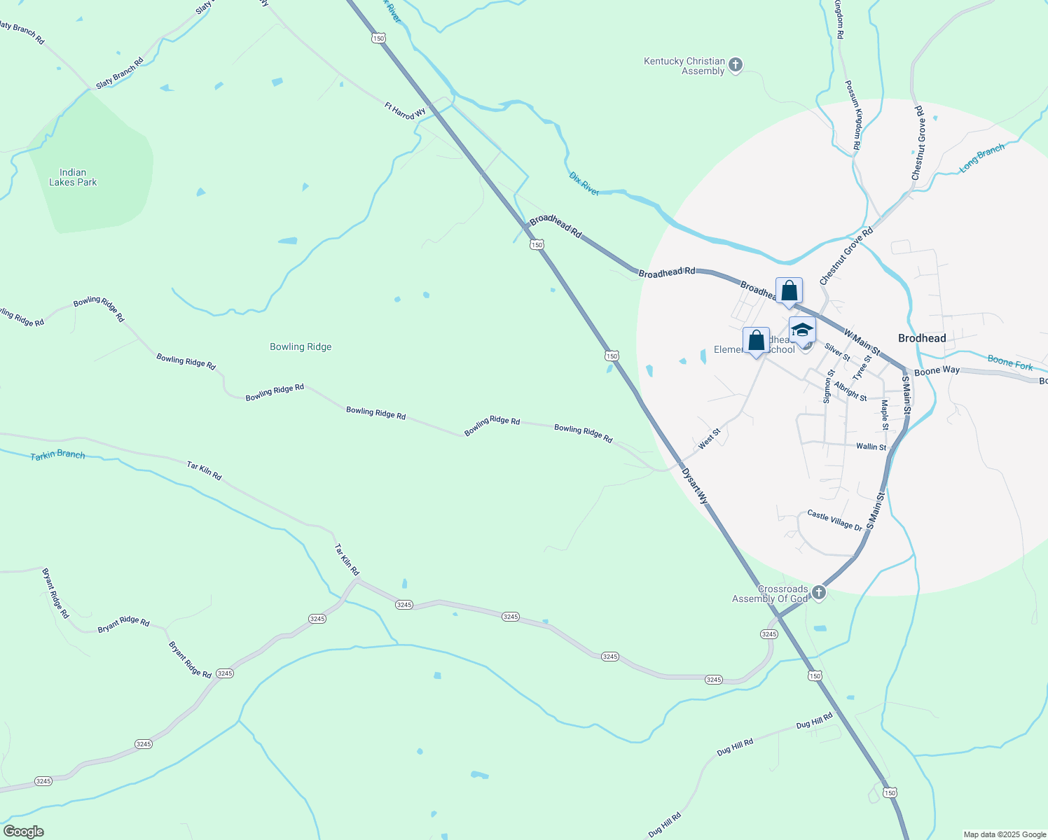 map of restaurants, bars, coffee shops, grocery stores, and more near 1487 Bowling Ridge Road in Brodhead