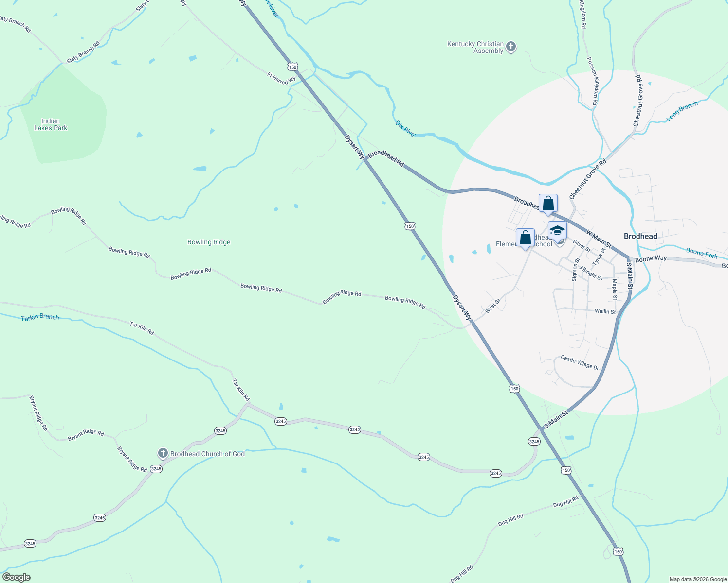 map of restaurants, bars, coffee shops, grocery stores, and more near 1487 Bowling Ridge Road in Brodhead