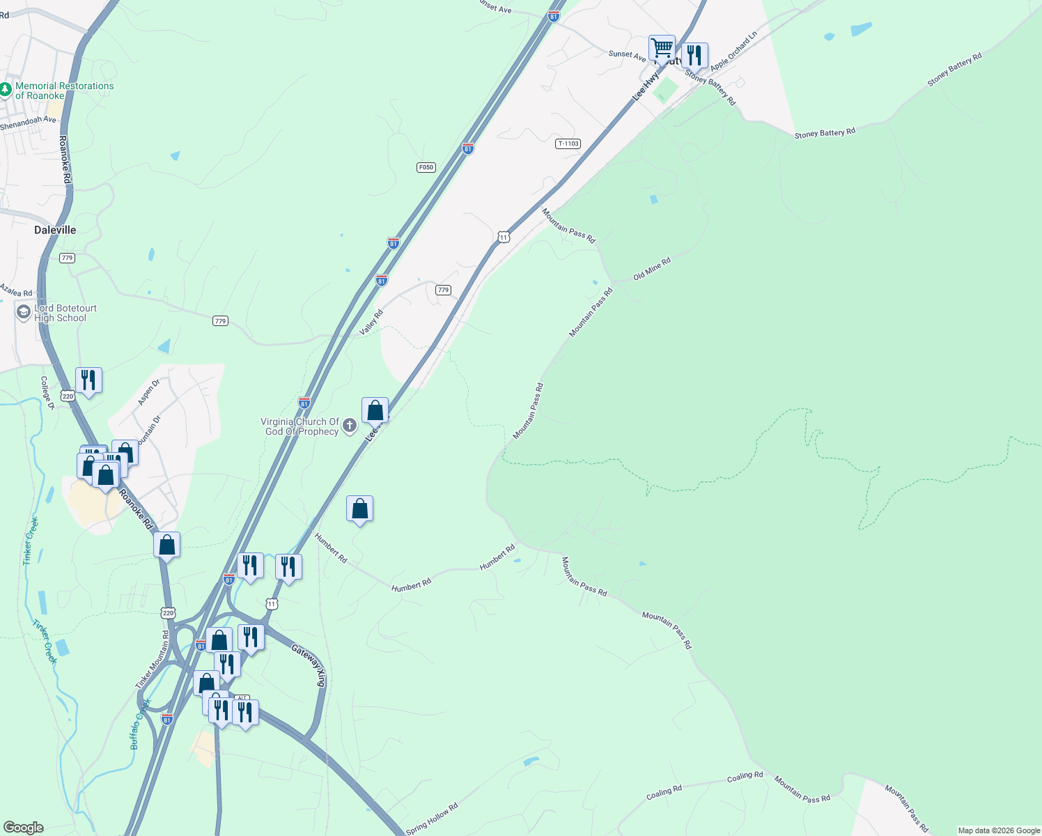 map of restaurants, bars, coffee shops, grocery stores, and more near 5385 Mountain Pass Road in Troutville