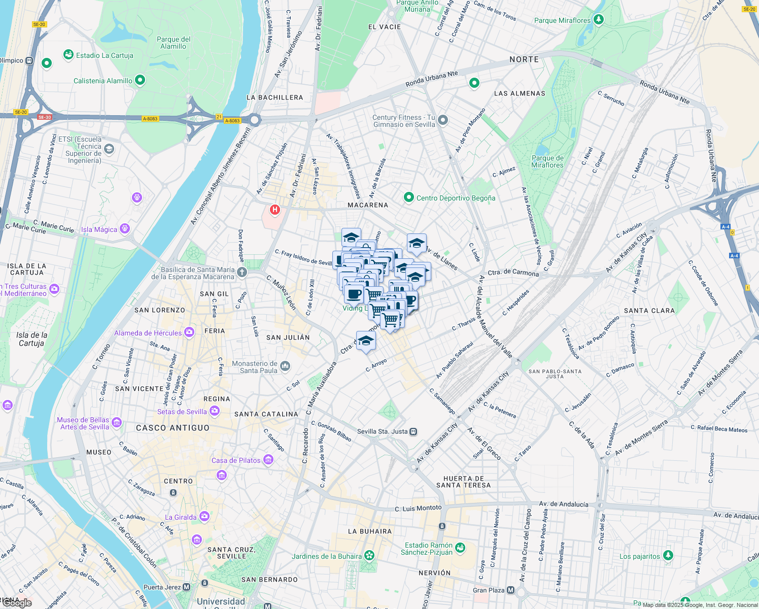 map of restaurants, bars, coffee shops, grocery stores, and more near 4 Calle Lamarque de Novoa in Sevilla