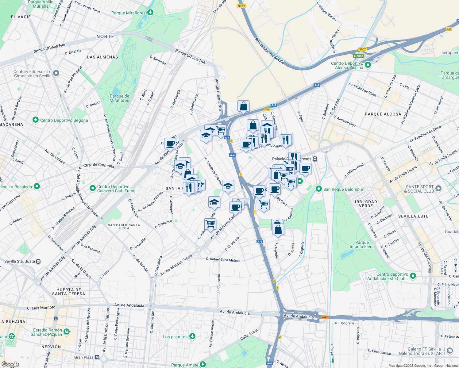map of restaurants, bars, coffee shops, grocery stores, and more near Calle Don Juan in Sevilla