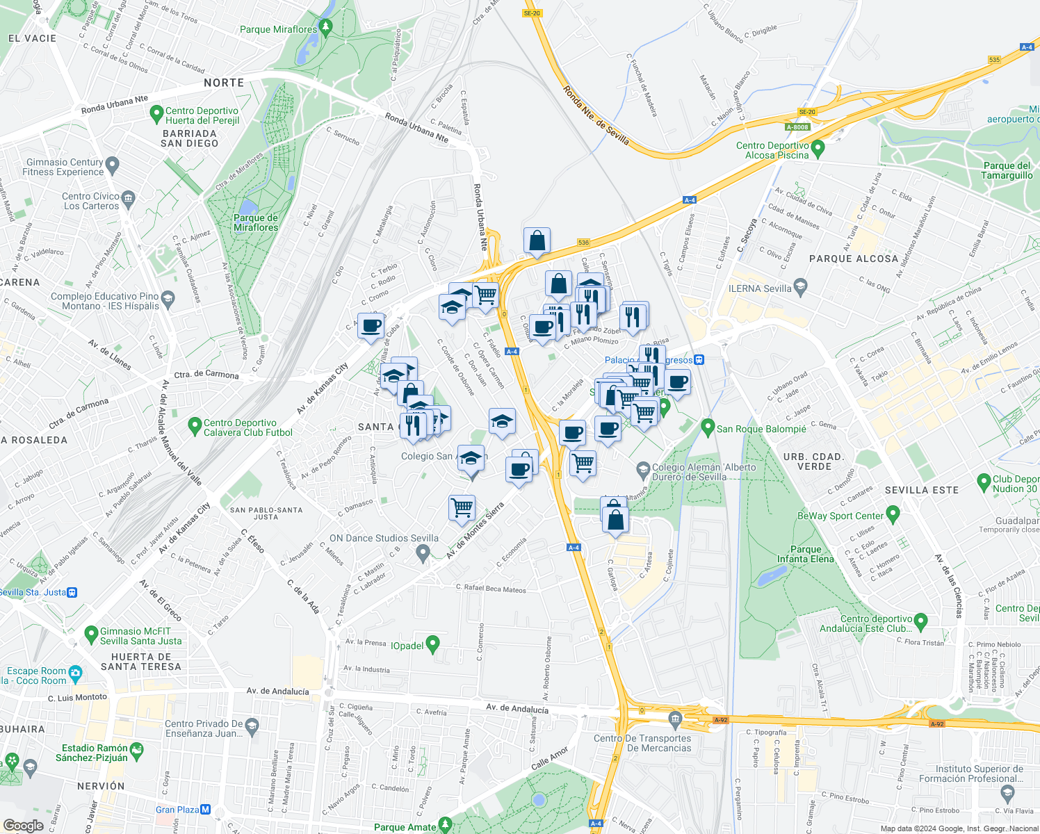 map of restaurants, bars, coffee shops, grocery stores, and more near 52 Calle Ópera Carmen in Sevilla