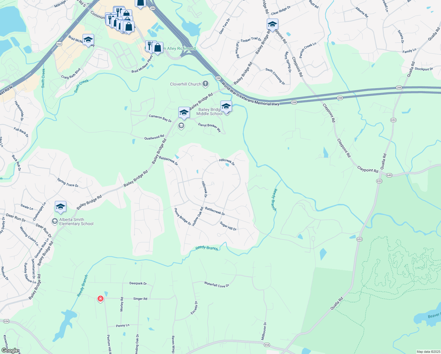 map of restaurants, bars, coffee shops, grocery stores, and more near 12100 Point Placid Drive in Midlothian