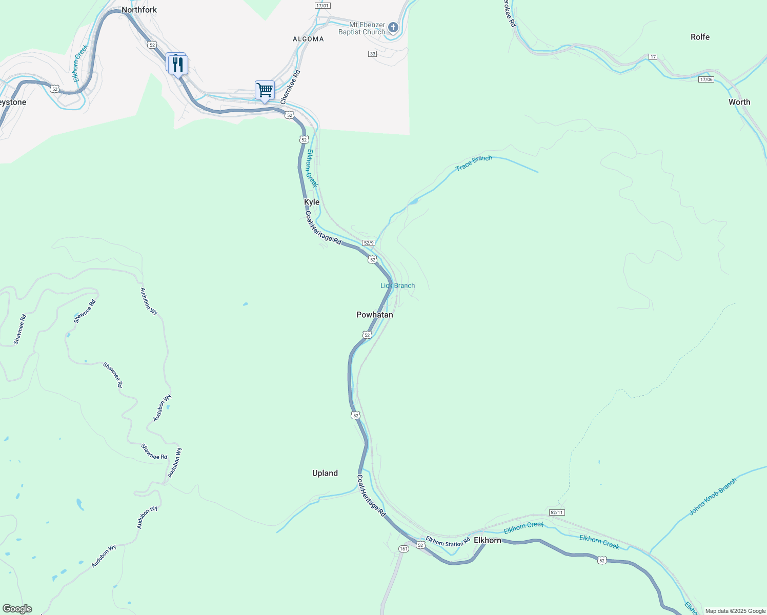 map of restaurants, bars, coffee shops, grocery stores, and more near 35533 Coal Heritage Road in Northfork