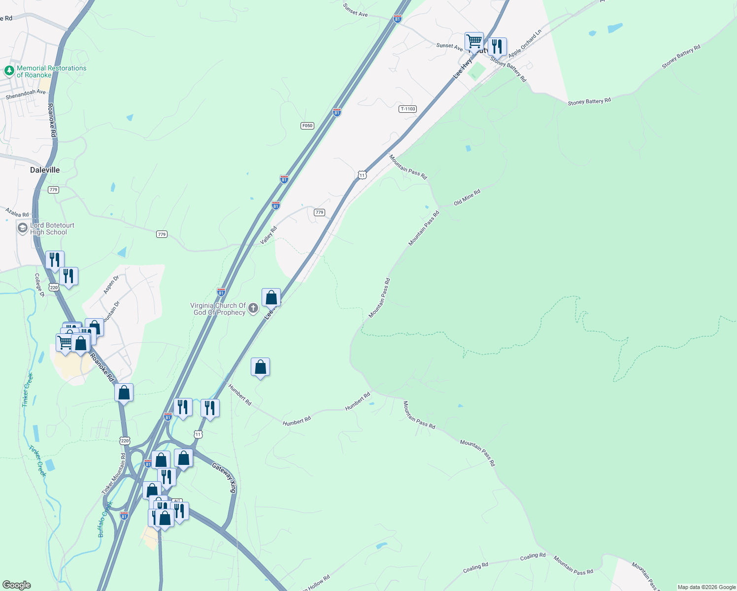 map of restaurants, bars, coffee shops, grocery stores, and more near 5385 Mountain Pass Road in Troutville