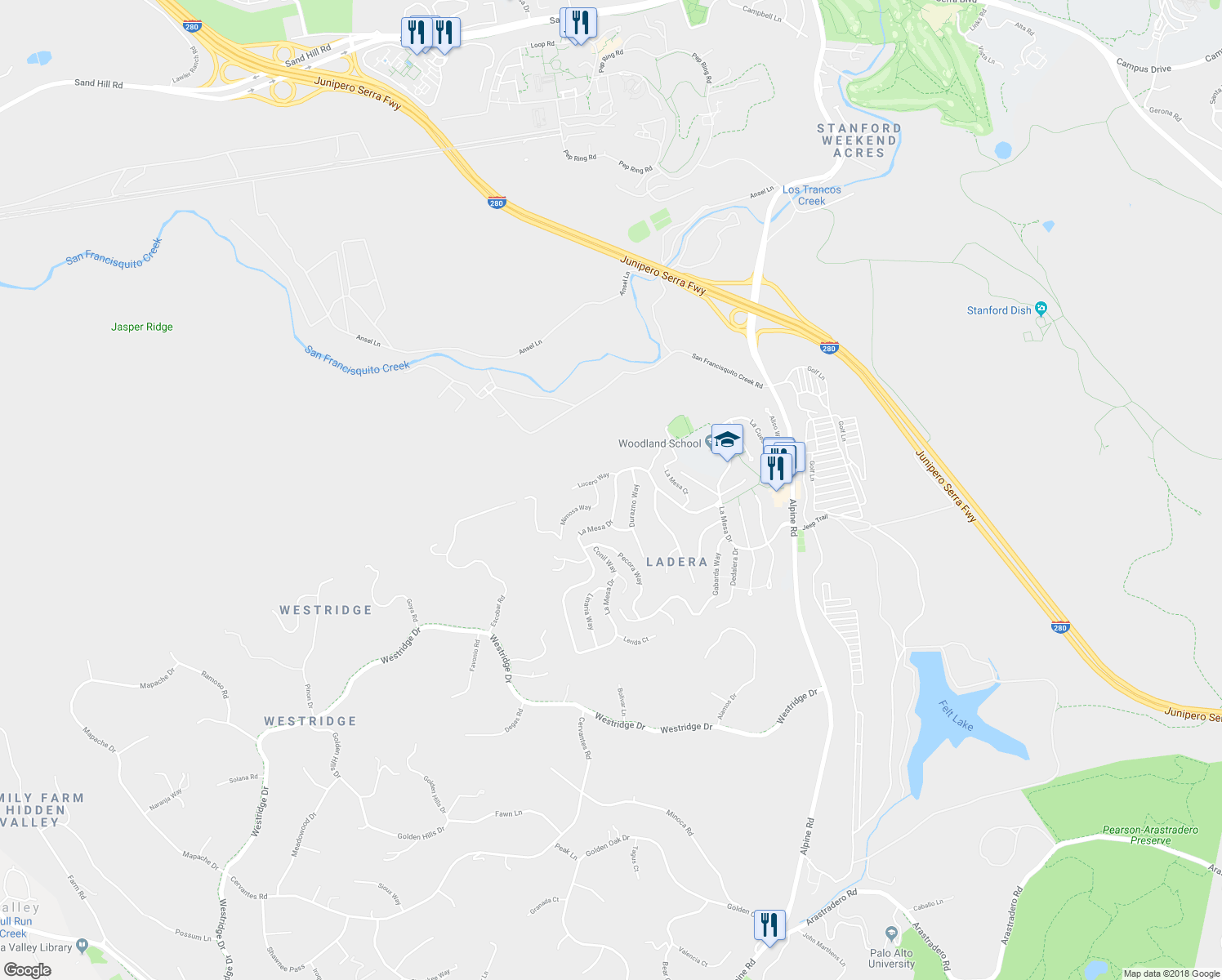 map of restaurants, bars, coffee shops, grocery stores, and more near 630 La Mesa Drive in Menlo Park