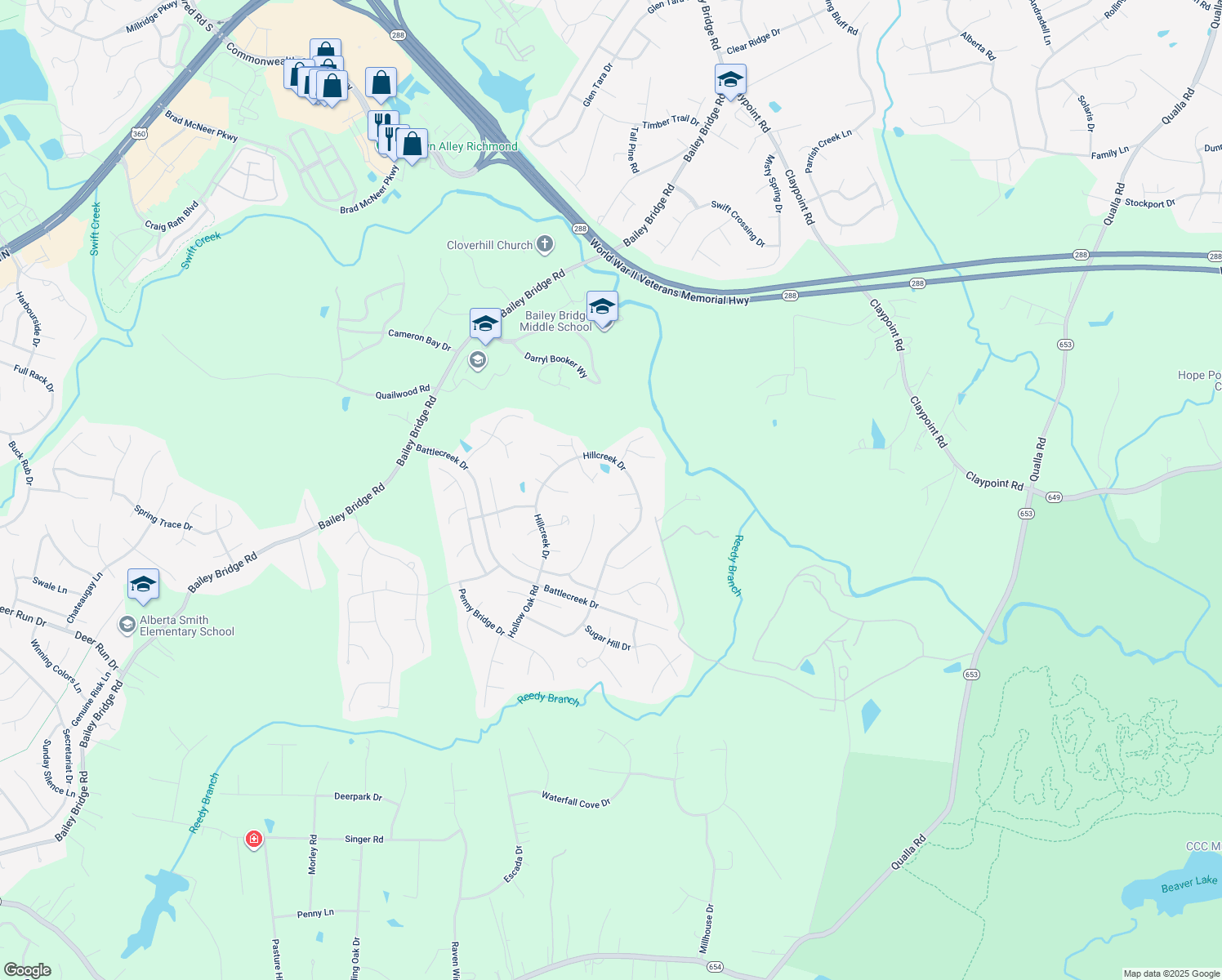 map of restaurants, bars, coffee shops, grocery stores, and more near 12124 Sunset Point Court in Midlothian
