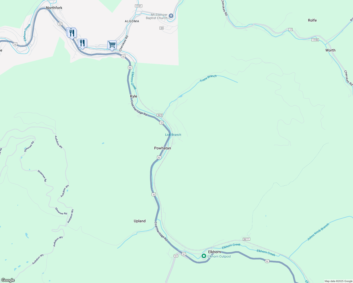 map of restaurants, bars, coffee shops, grocery stores, and more near 117 Gaither Lane in Northfork
