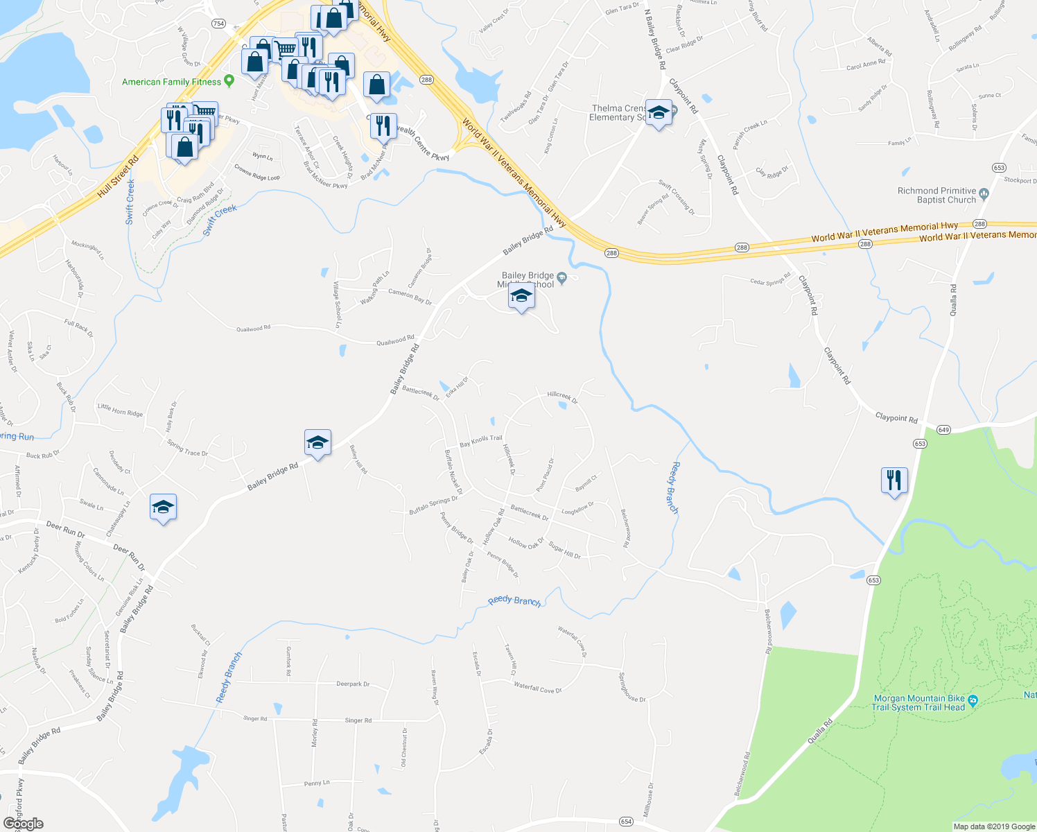 map of restaurants, bars, coffee shops, grocery stores, and more near 12336 Hillcreek Terrace in Midlothian