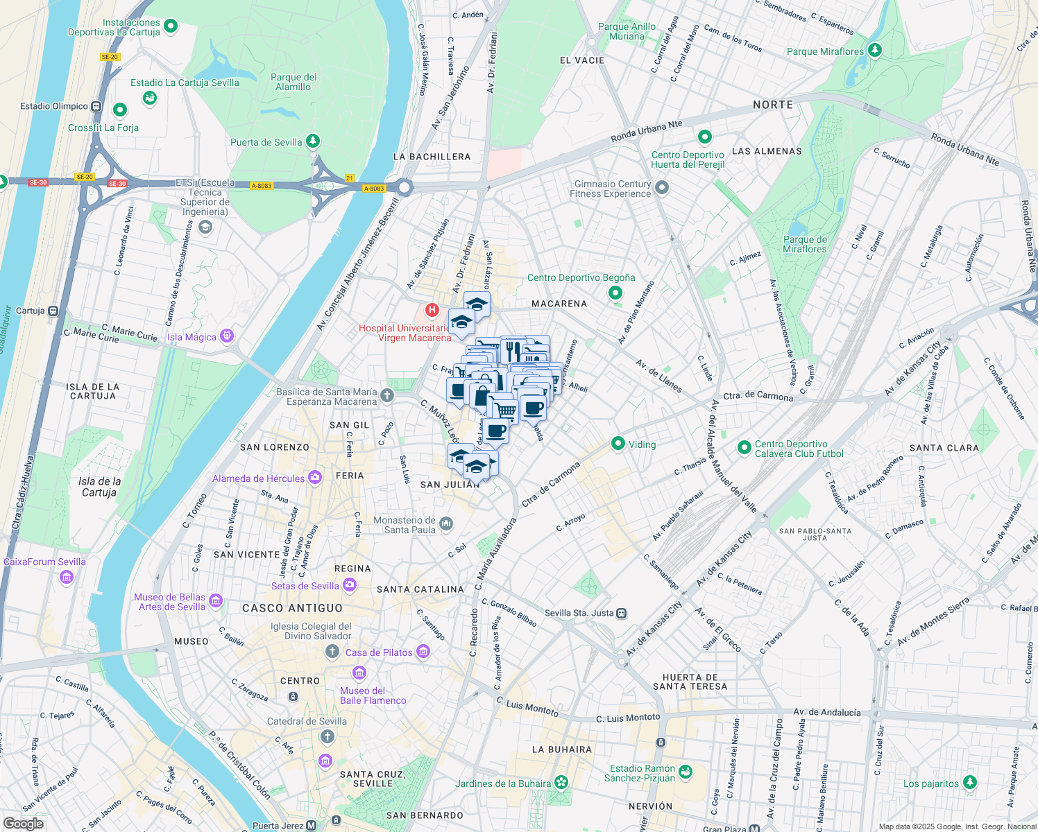 map of restaurants, bars, coffee shops, grocery stores, and more near 3 Calle Juan Gil in Sevilla