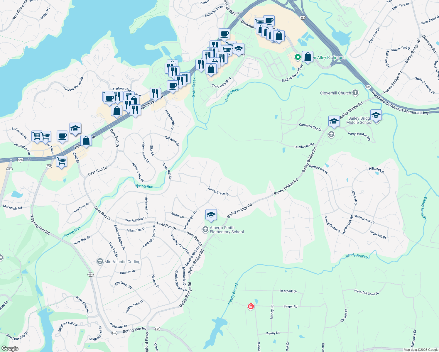 map of restaurants, bars, coffee shops, grocery stores, and more near 7002 Chateaugay Lane in Midlothian