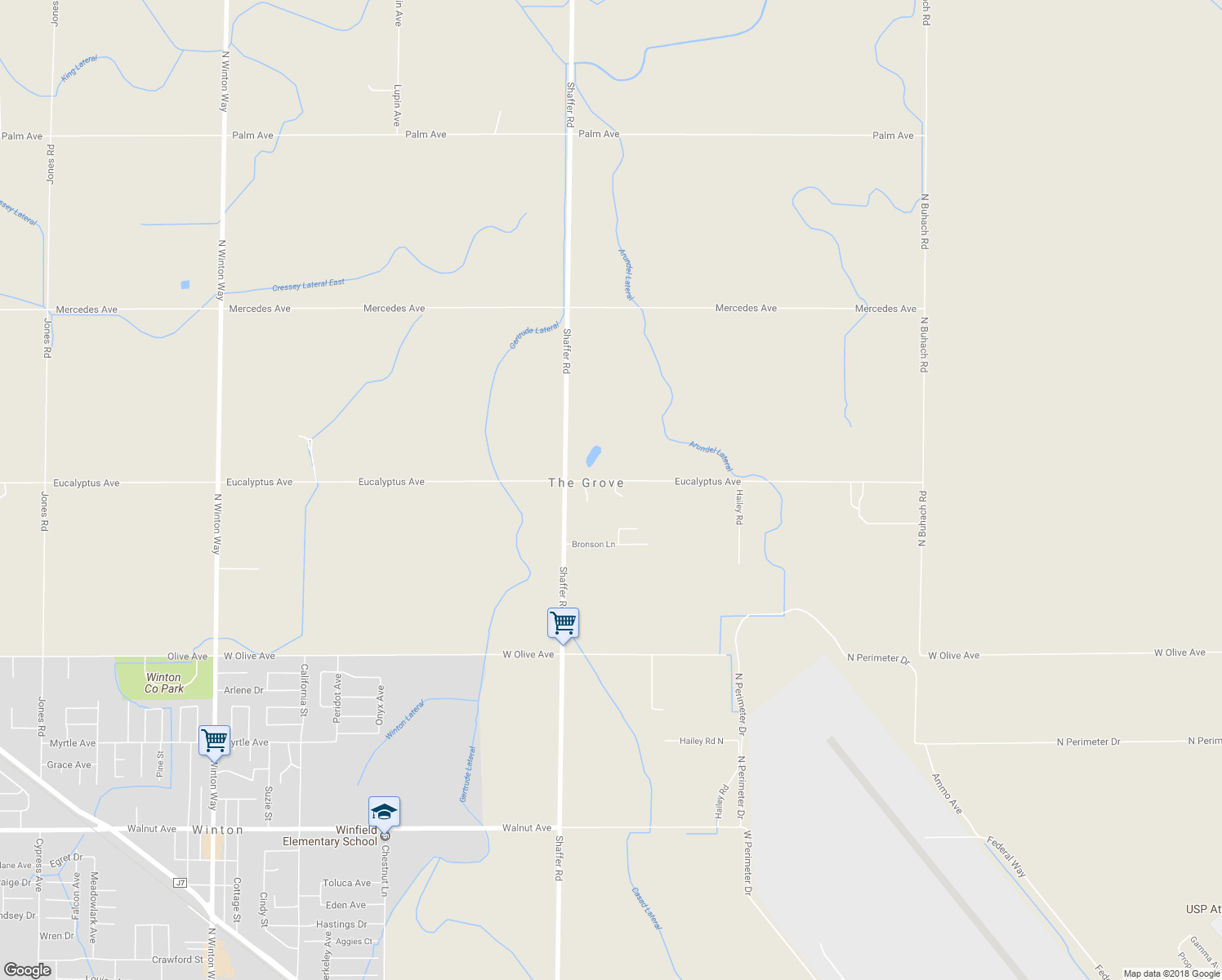 map of restaurants, bars, coffee shops, grocery stores, and more near 5867 Eucalyptus Avenue in Winton