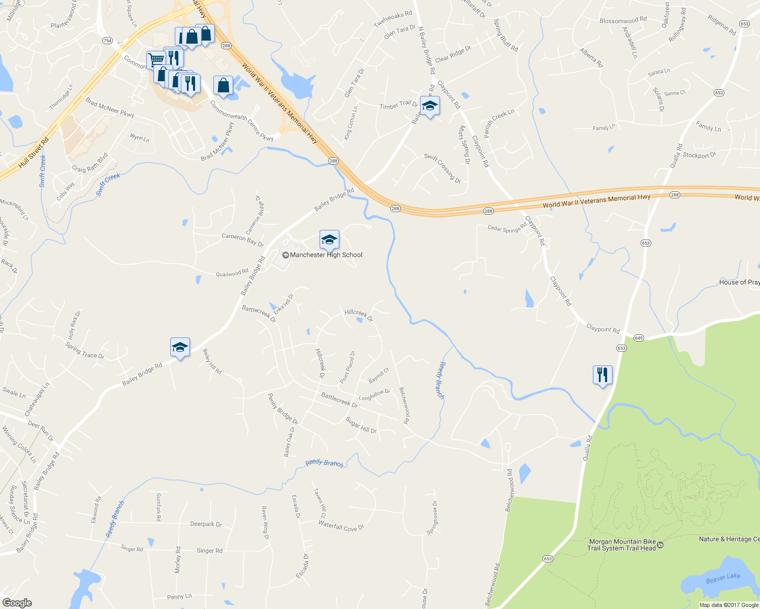 map of restaurants, bars, coffee shops, grocery stores, and more near 12313 Point Landing Court in Midlothian