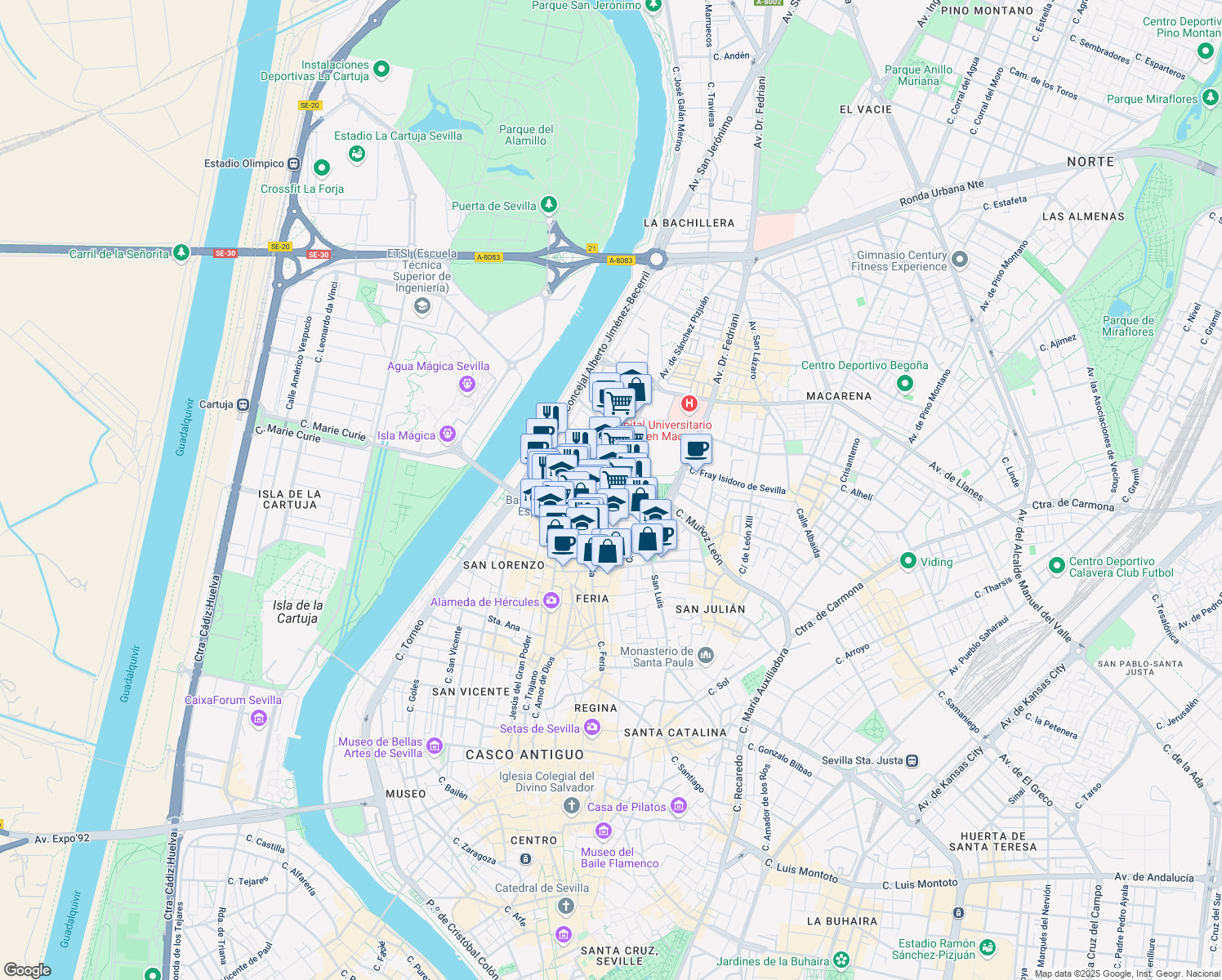 map of restaurants, bars, coffee shops, grocery stores, and more near 4 Calle Torrijiano in Sevilla