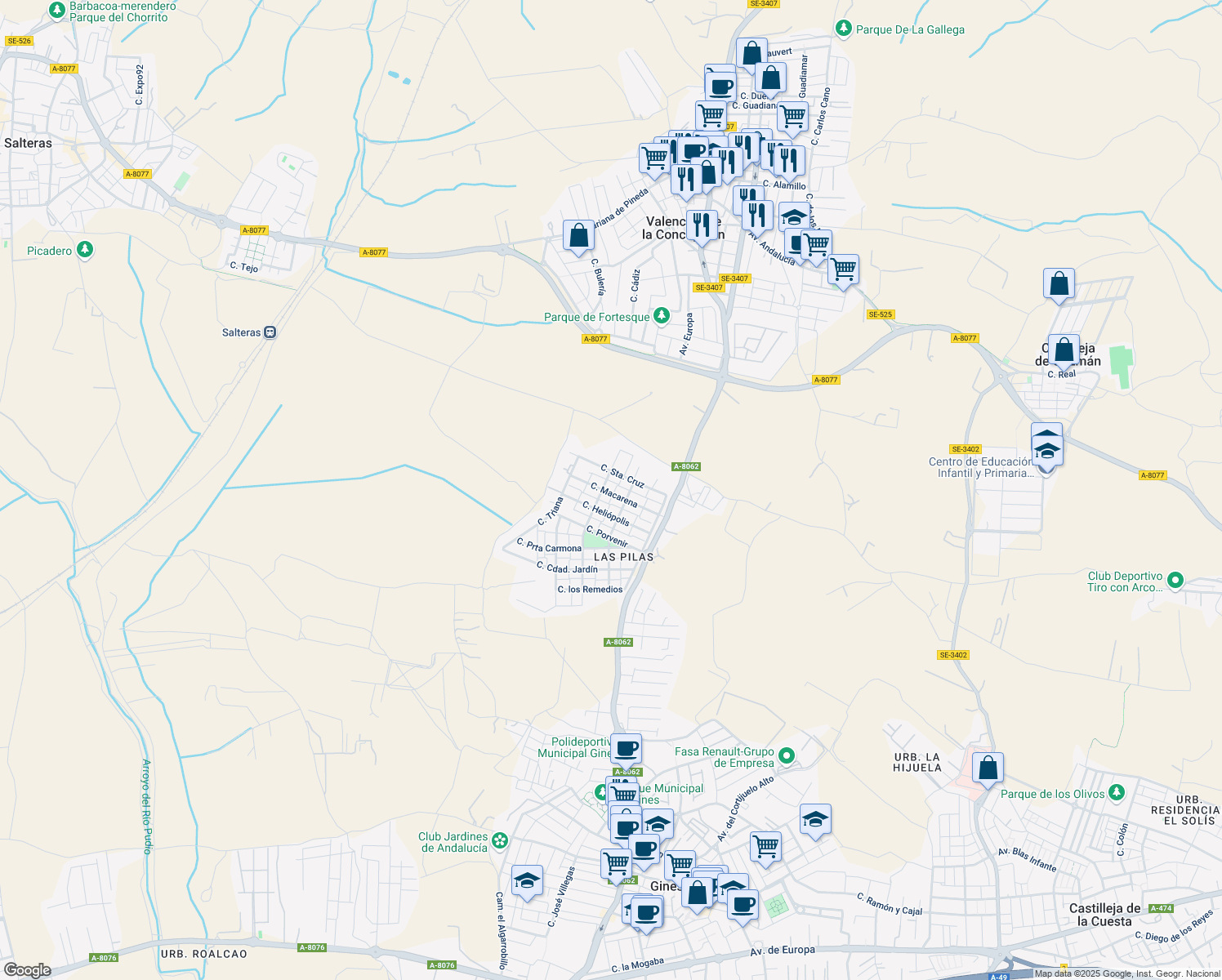 map of restaurants, bars, coffee shops, grocery stores, and more near 14 Calle Macarena in Valencina de la Concepción