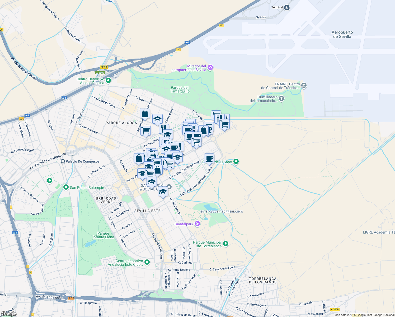 map of restaurants, bars, coffee shops, grocery stores, and more near 1 Calle Periodista Juan Tribuna in Sevilla