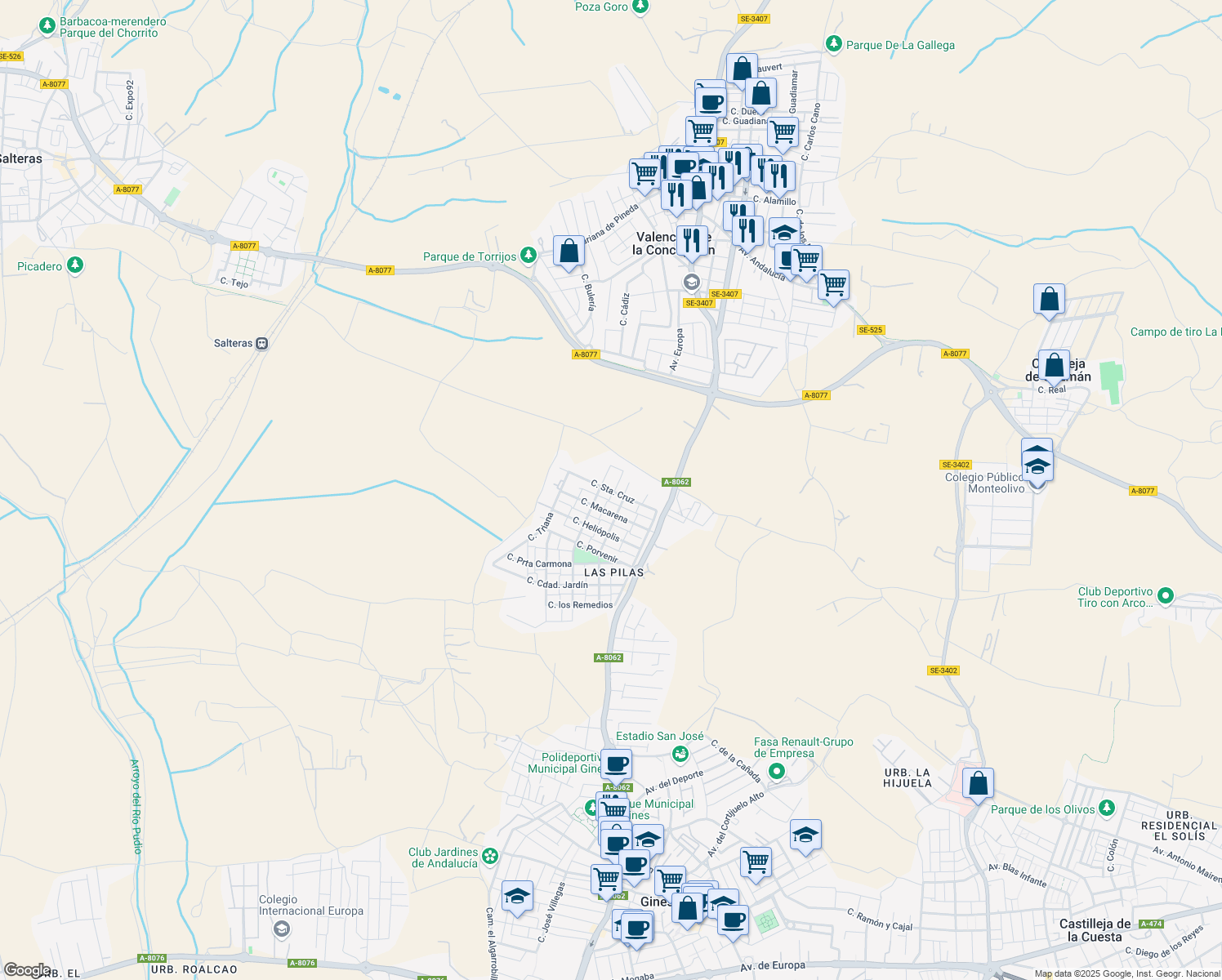 map of restaurants, bars, coffee shops, grocery stores, and more near 14 Calle Macarena in Valencina de la Concepción
