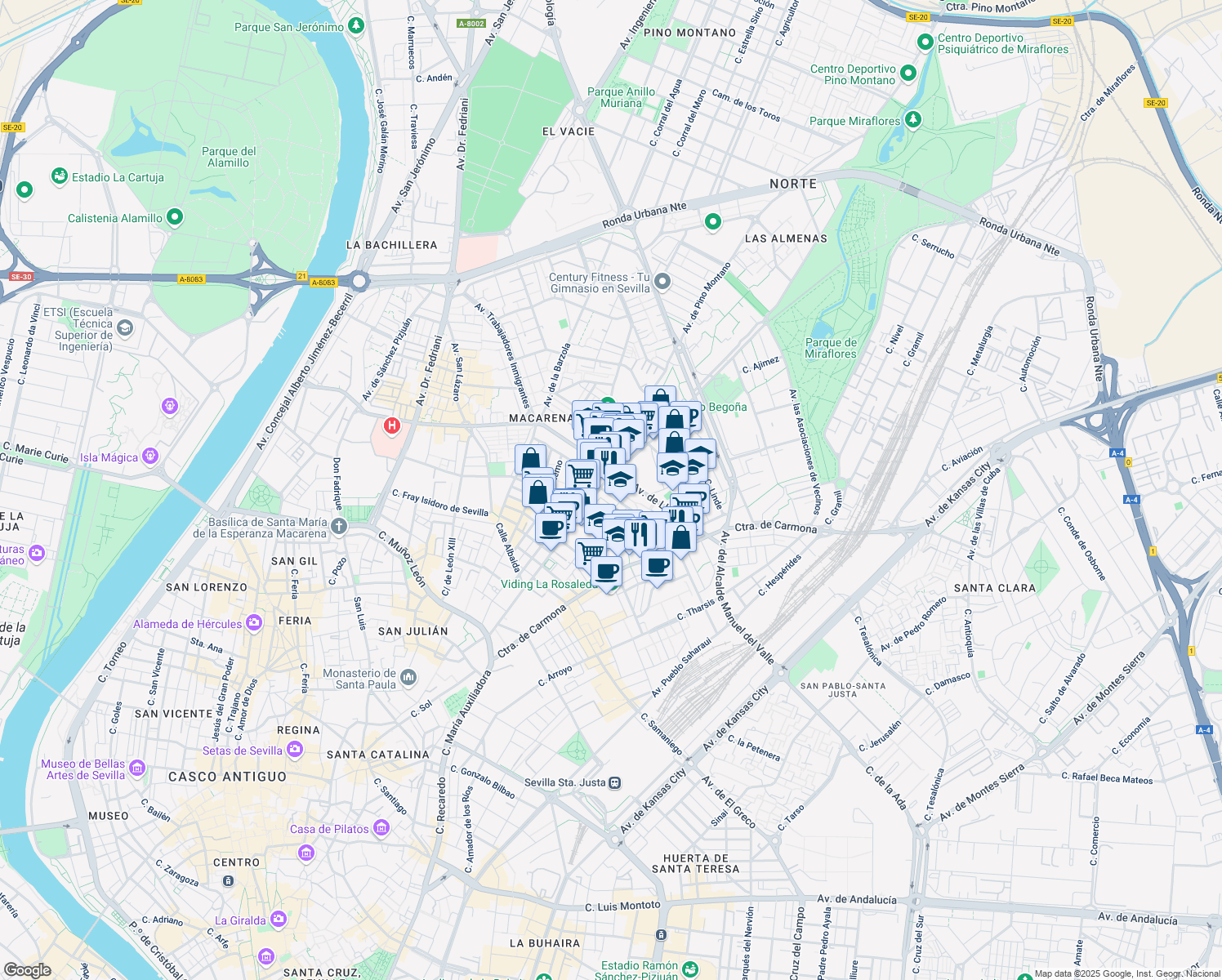 map of restaurants, bars, coffee shops, grocery stores, and more near Calle Santa María de Ordás in Sevilla
