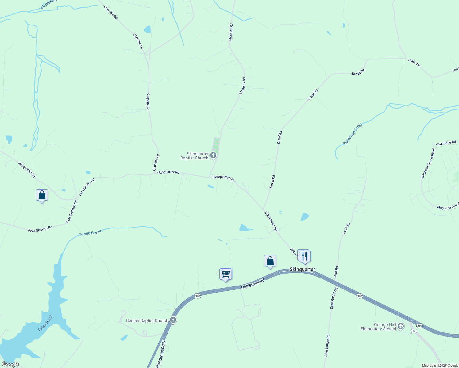 map of restaurants, bars, coffee shops, grocery stores, and more near 20711 Skinquarter Road in Moseley